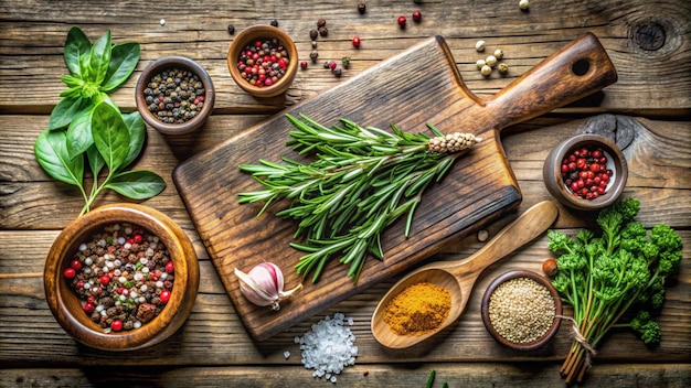 Herbs and spices on wooden board